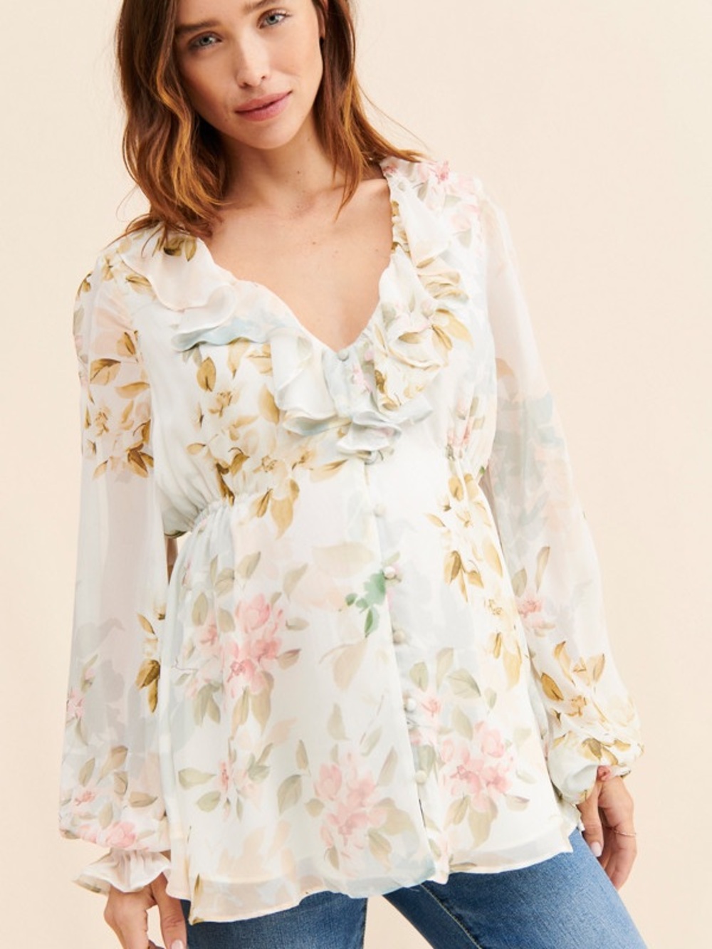 Sheer Floral Ruffle V-Neck Blouse in White and Pastel flowers